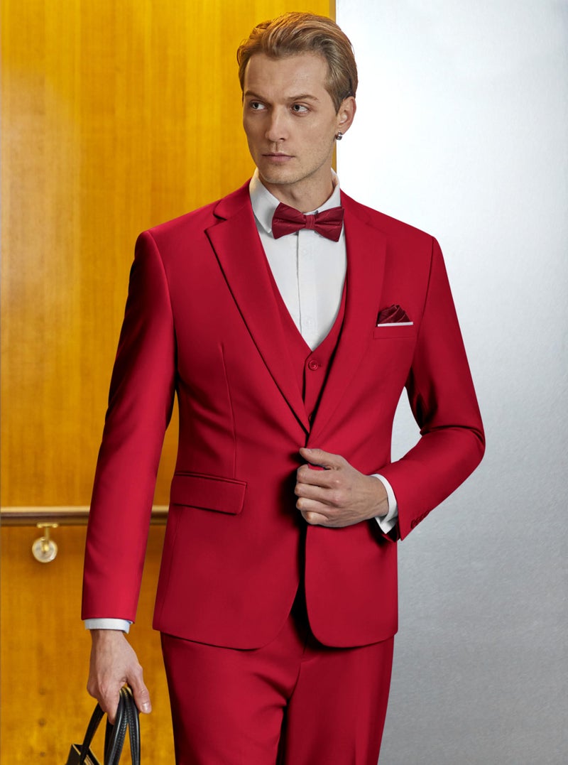 WULFUL Menâ€™s Slim Fit Suit One Button 3-Piece Blazer Dress Business Wedding Party Jacket Vest & Pant Wine Red - Image 2